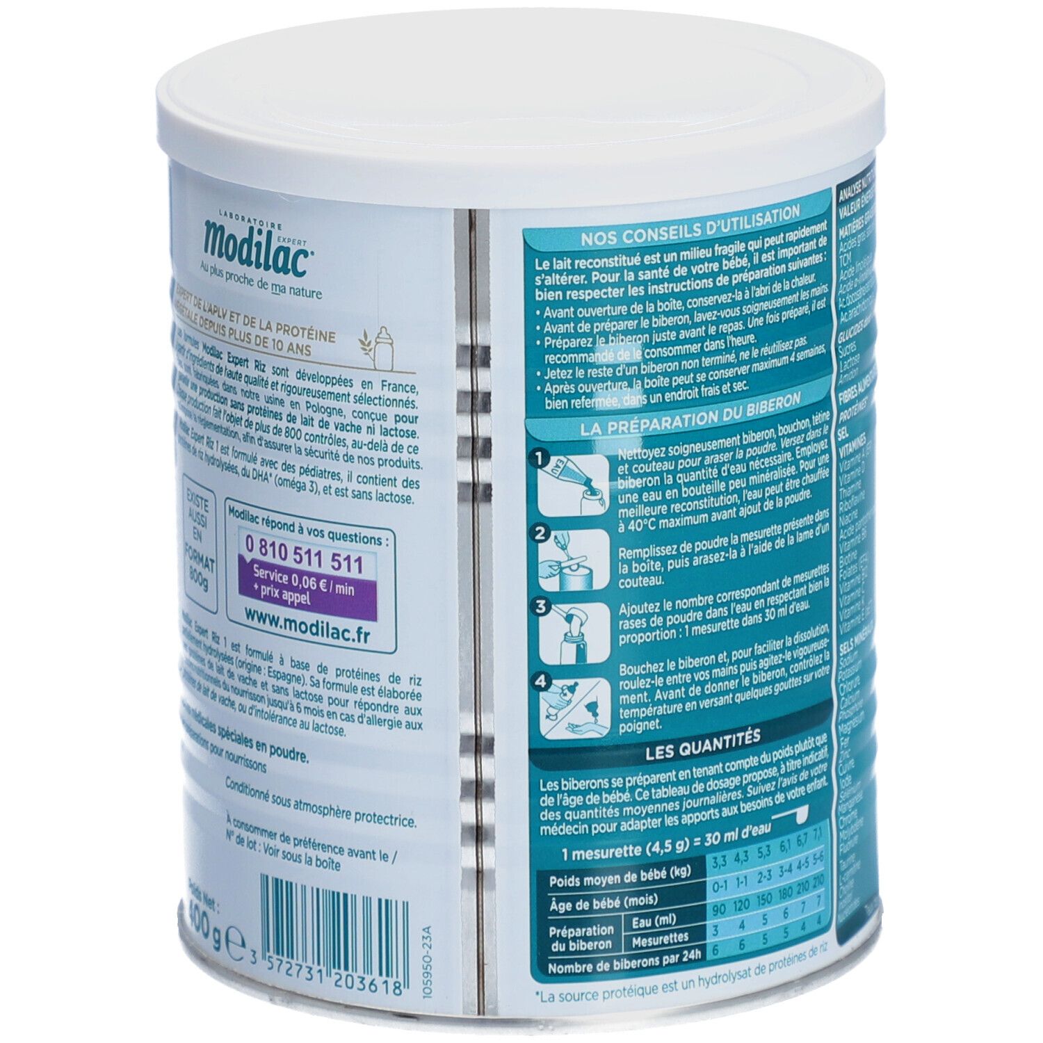 Achterkant van de babyvoeding. Gebruiksaanwijzing. Bereiding van de fles. Franse tekst.