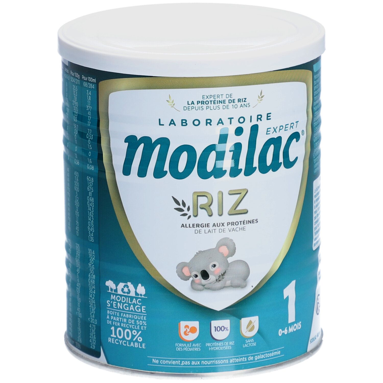 Blik Modilac Expert Riz babyvoeding. Opschrift: 1, 0-6 maanden. Koala-illustratie. 100% recyclebaar.