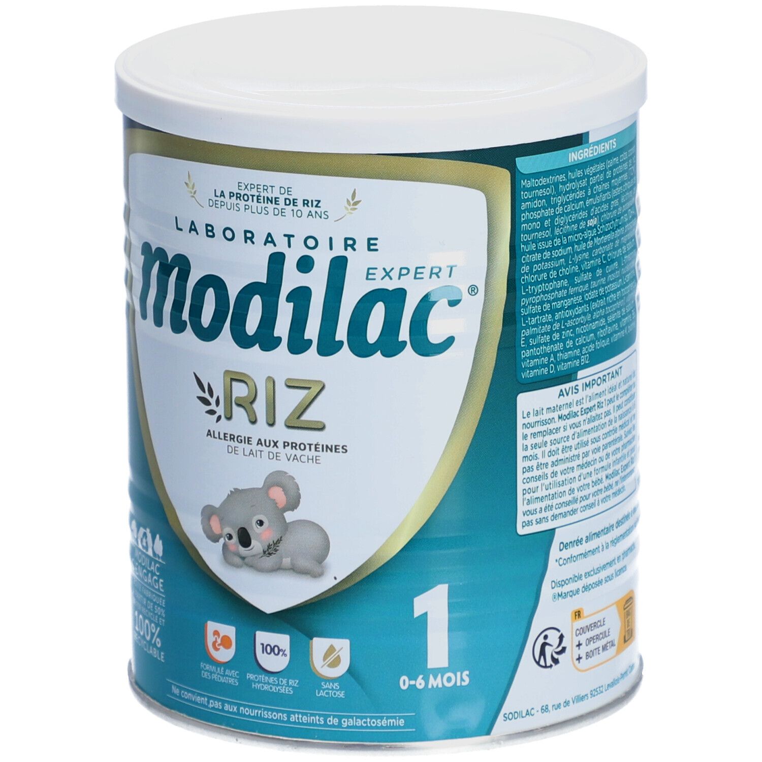 Blik Modilac Expert Riz babyvoeding. Opschrift: 1, 0-6 maanden. Koala-illustratie. 100% recyclebaar.