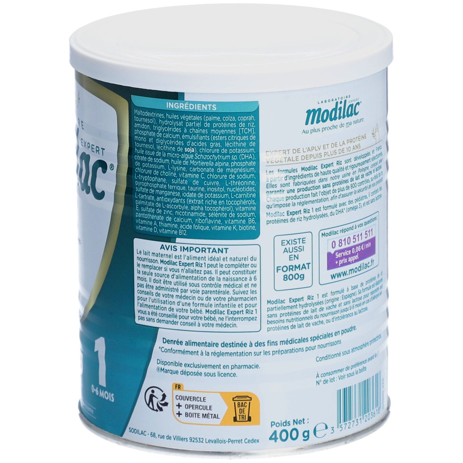 Achterkant van de babyvoeding. Ingrediënten. Waarschuwingen. Franse tekst. 400g. 1, 0-6 maanden.