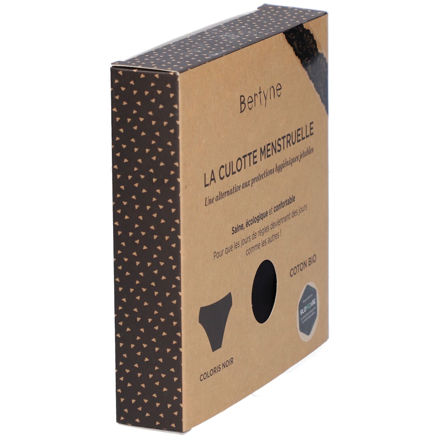 BERTYNE La Culotte Menstruelle - Dentelle Coton bio - Flux moyen - Taille S - Noir