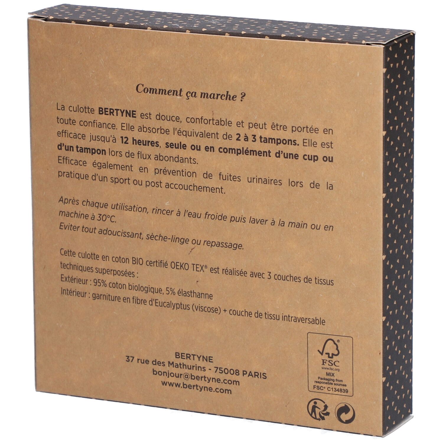 BERTYNE La Culotte Menstruelle - Dentelle Coton bio - Flux moyen - Taille S - Noir