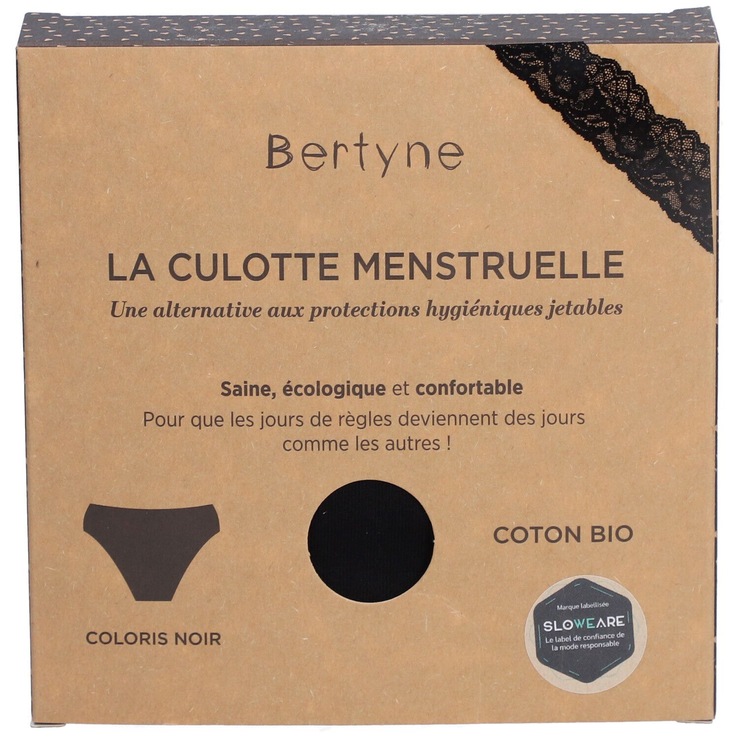 BERTYNE La Culotte Menstruelle - Dentelle Coton bio - Flux moyen - Taille S - Noir