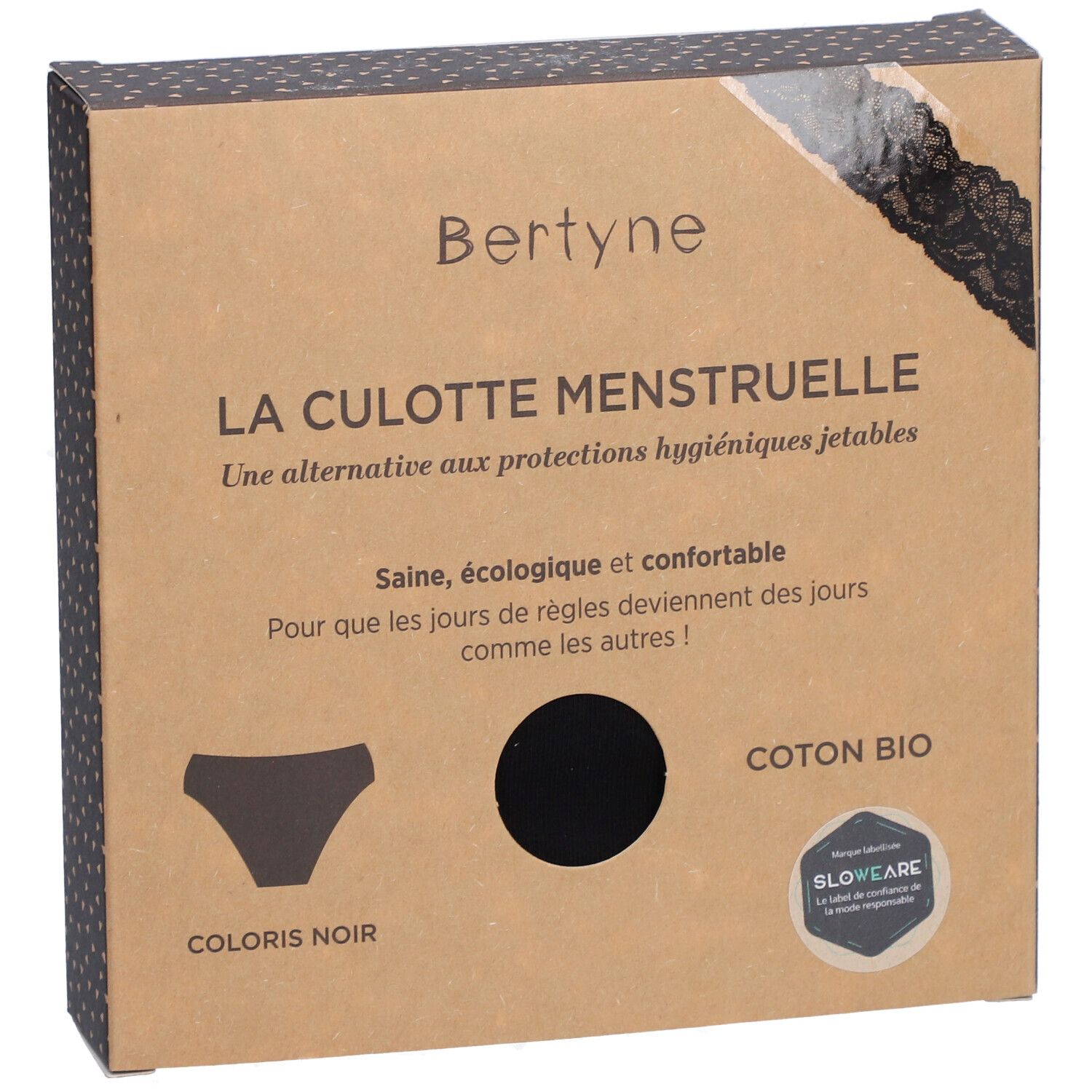 BERTYNE La Culotte Menstruelle - Dentelle Coton bio - Flux moyen - Taille S - Noir