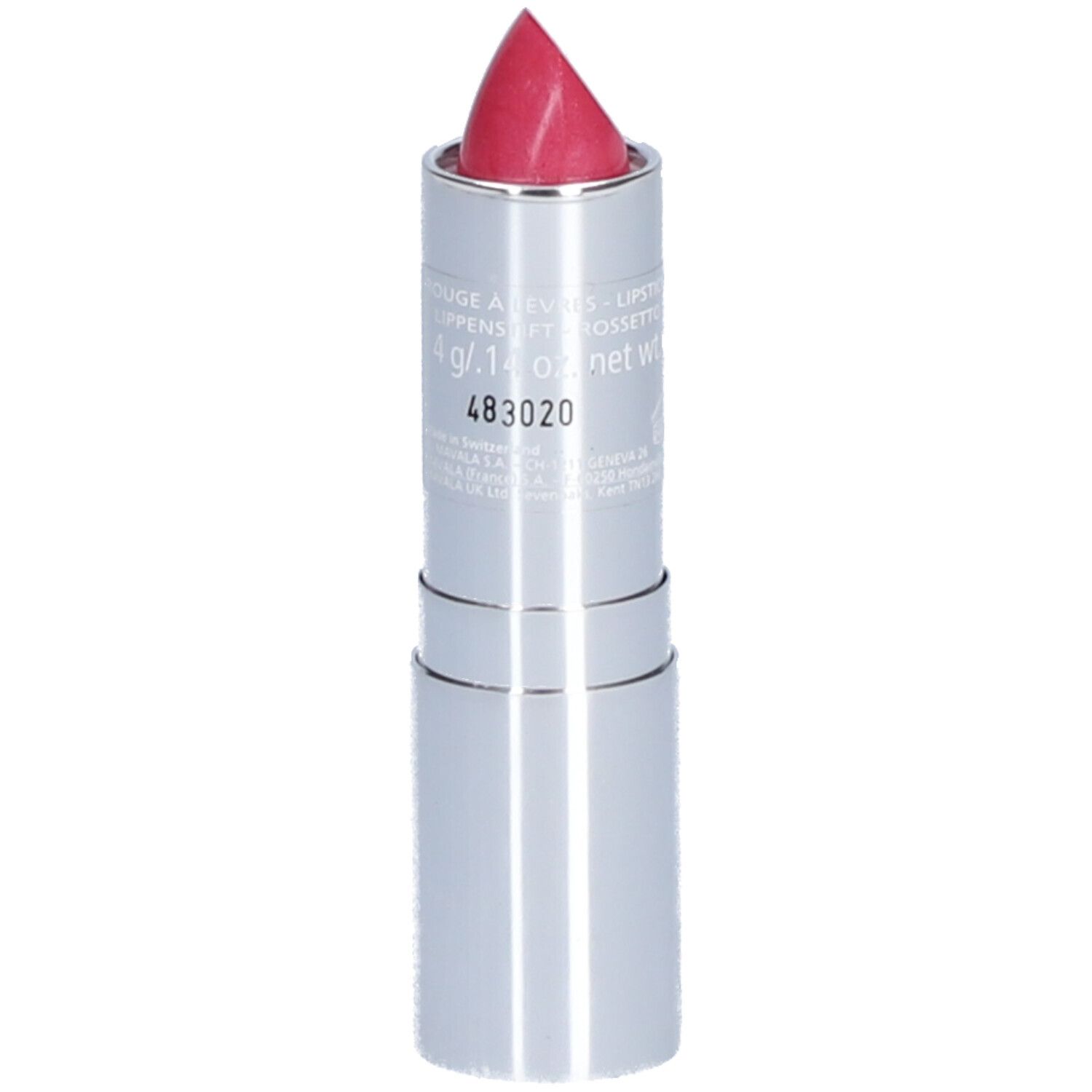 Rouge à lèvres rose. Étui argenté. Texte: 4 g/ .14 oz net wt.