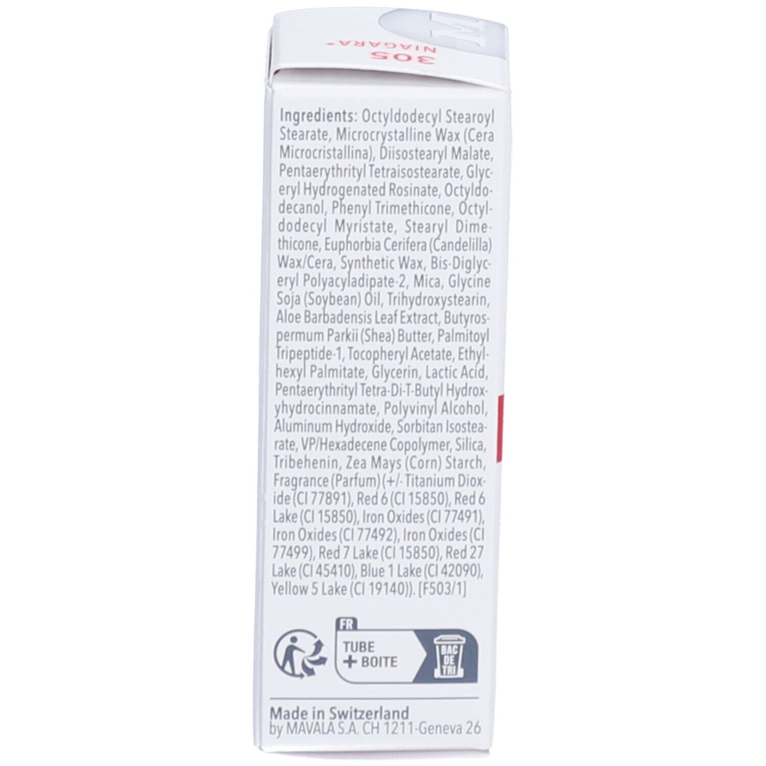 Dos de l'emballage. Texte: Ingrédients, Fabriqué en Suisse, symbole de recyclage.