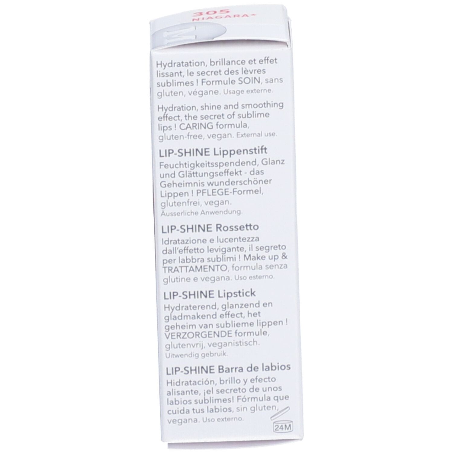 Côté de l'emballage. Texte: LIP-SHINE en plusieurs langues, sans gluten, végétalien, 24M.