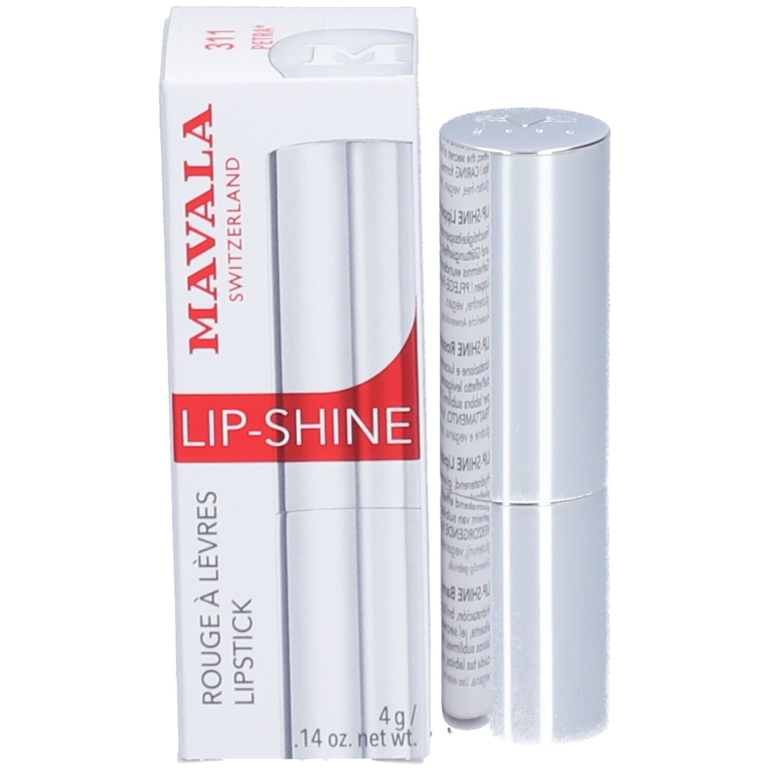 Witte doos met lippenstift en zilveren huls. 'MAVALA LIP-SHINE' staat op de doos.