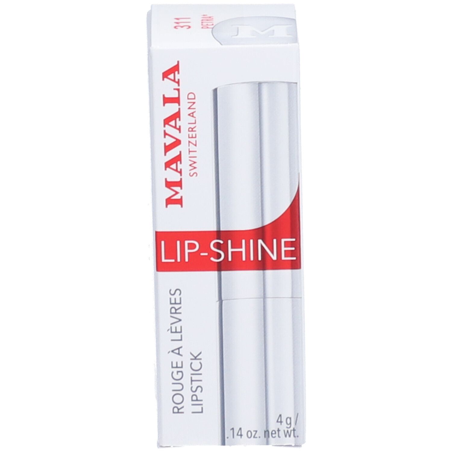 Witte doos met lippenstift. 'MAVALA LIP-SHINE' staat op de doos.