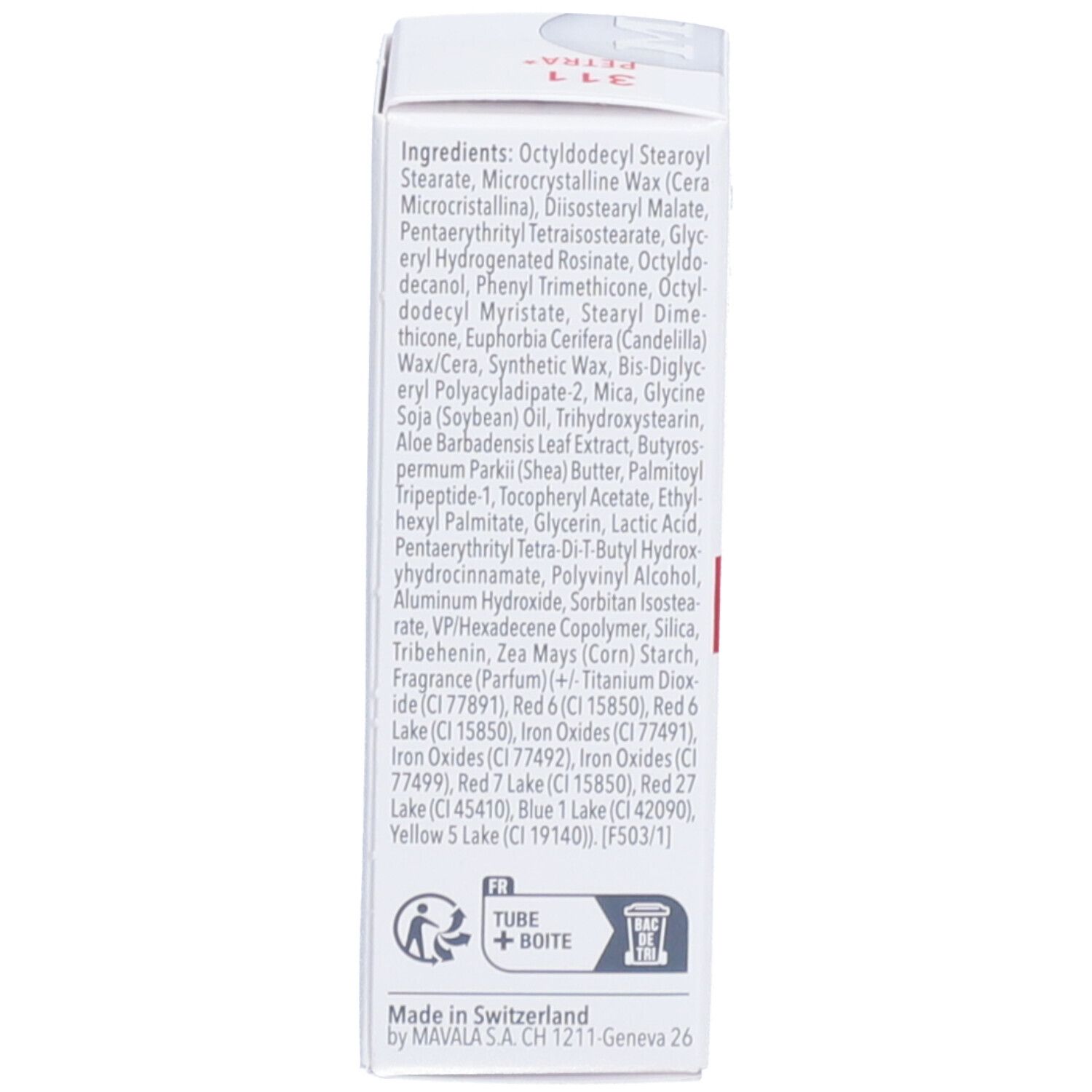 Achterkant van de witte verpakking met ingrediënten en informatie in verschillende talen.