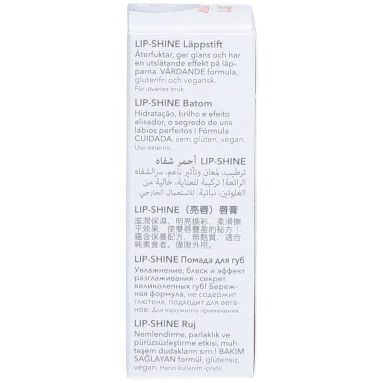 Tekst op de witte verpakking in verschillende talen, waaronder 'LIP-SHINE'.