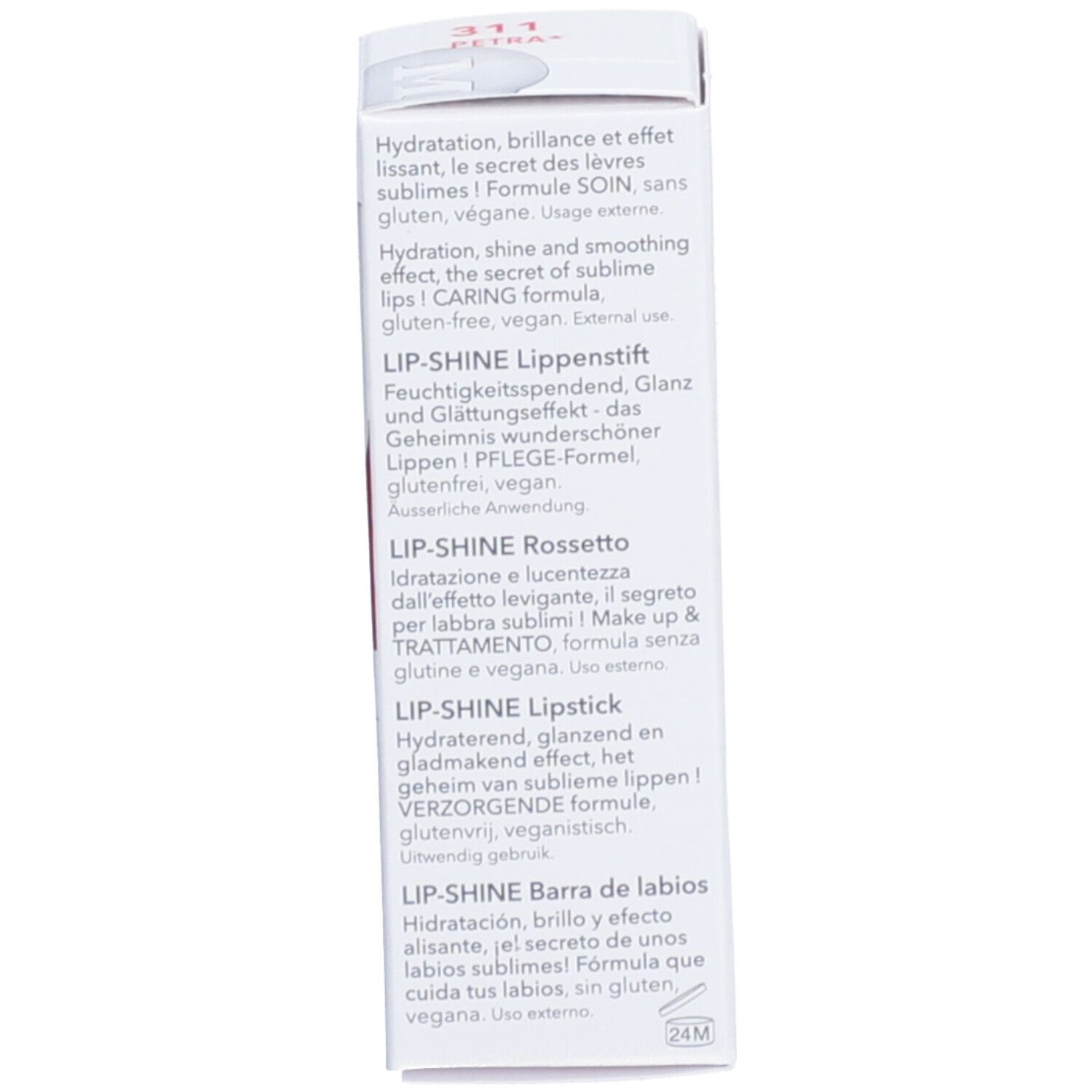 Tekst op de witte verpakking in verschillende talen, waaronder 'LIP-SHINE'.