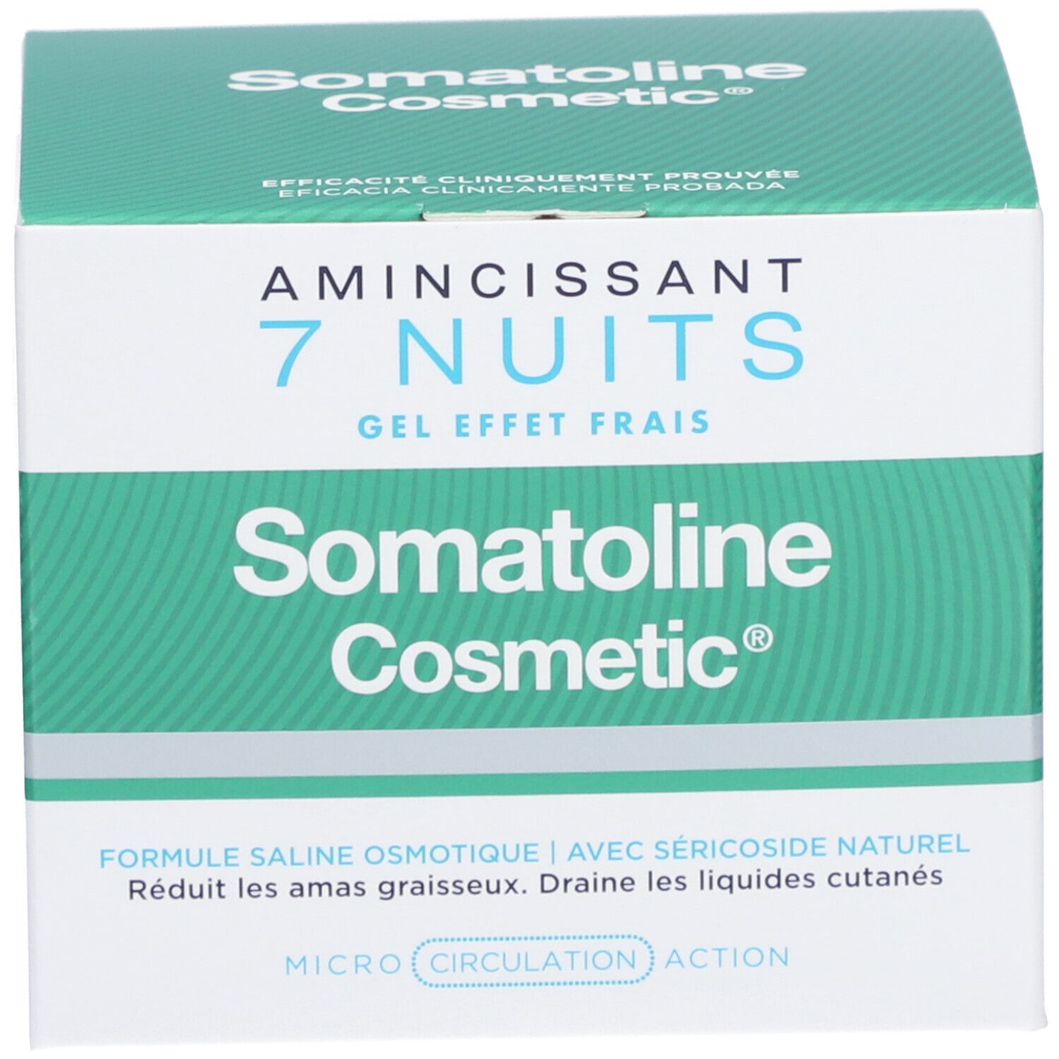 Emballage vert. Inscription : Amincissant 7 Nuits, Somatoline Cosmetic. Texte : formule, réduit les amas graisseux.