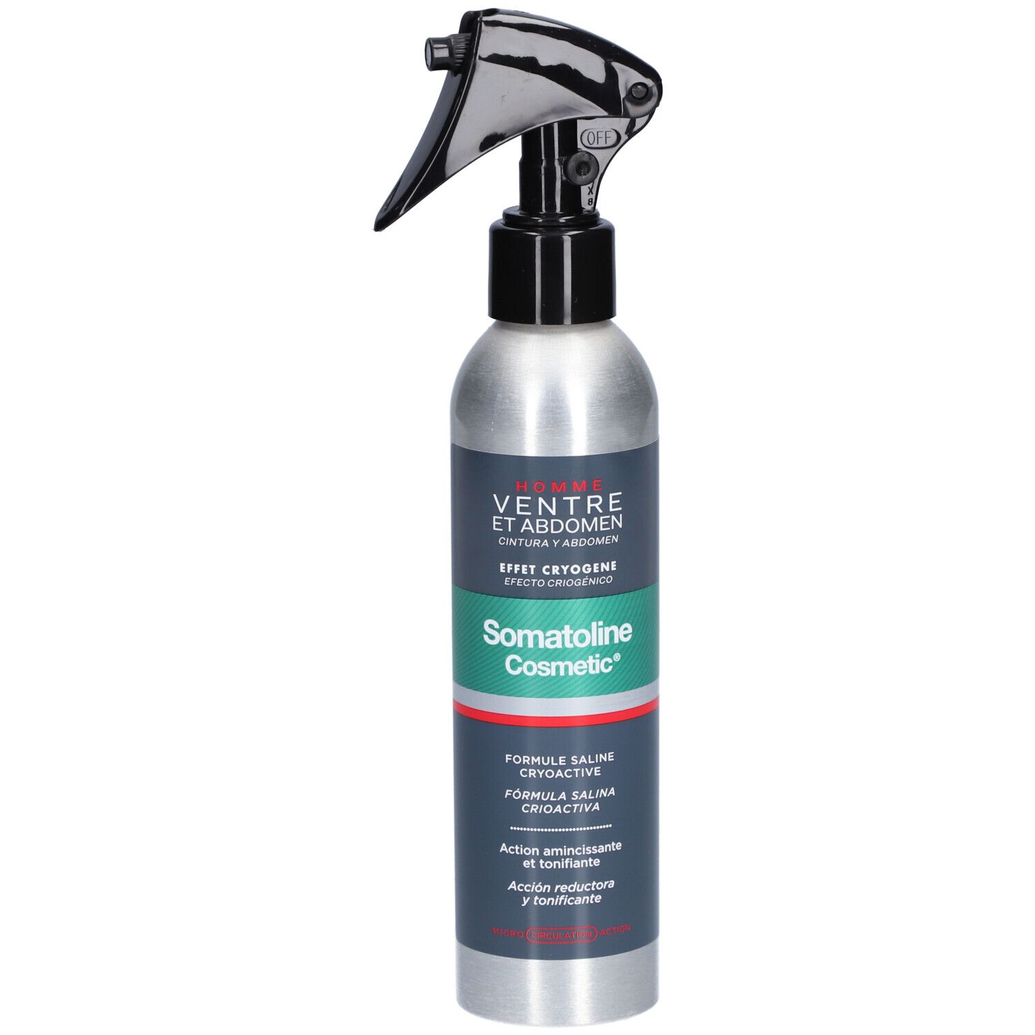 Koude sprayfles met zwarte sproeikop. Opschrift: Somatoline Cosmetic HOMME Ventre et Abdomen.