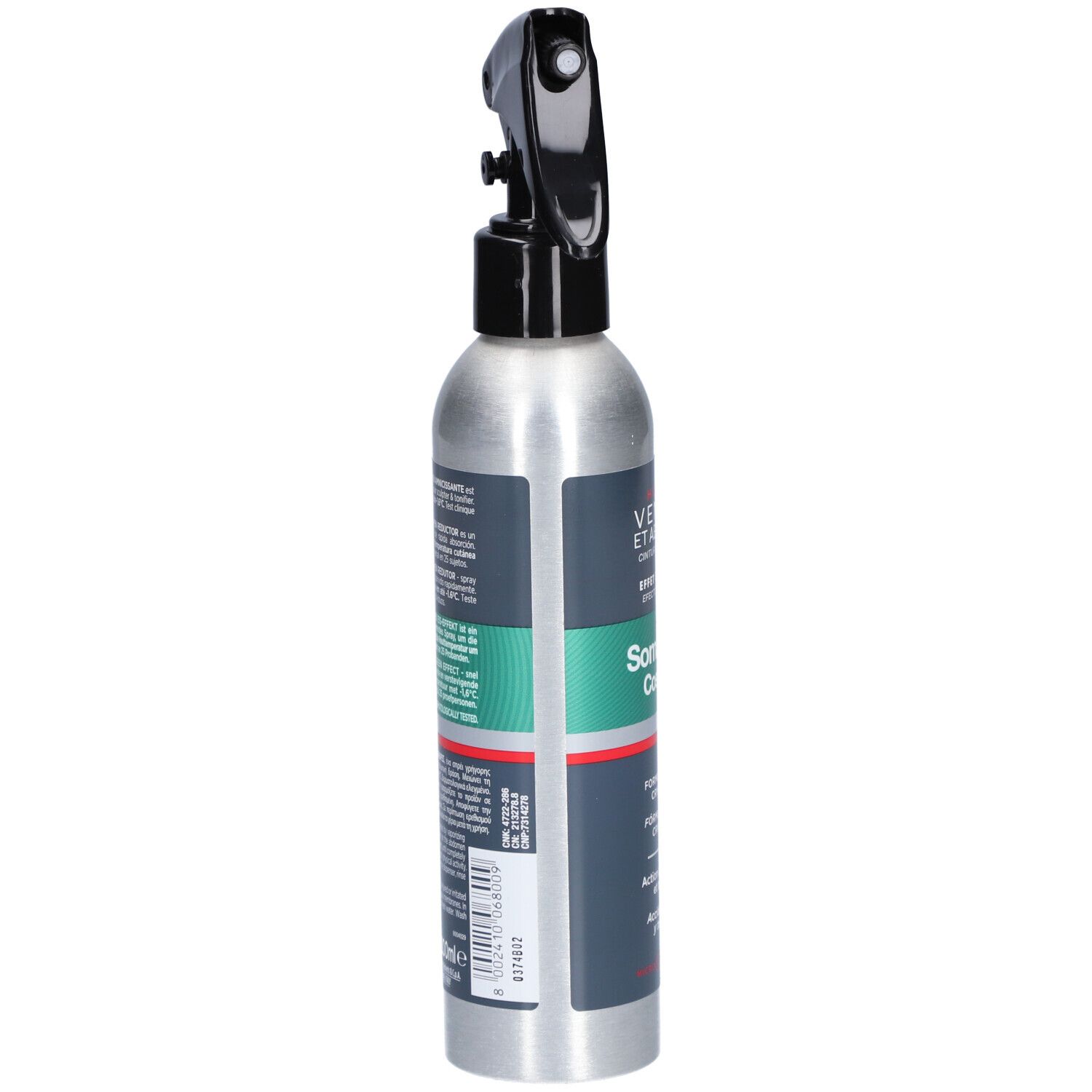 Koude sprayfles, zijaanzicht. Opschrift: Somatoline Cosmetic. Details van de samenstelling.