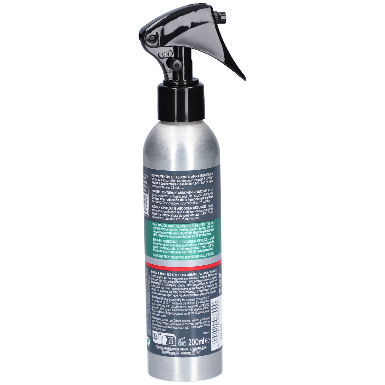 Koude sprayfles, achteraanzicht. Tekstinformatie en ingrediënten. Volume: 200ml.