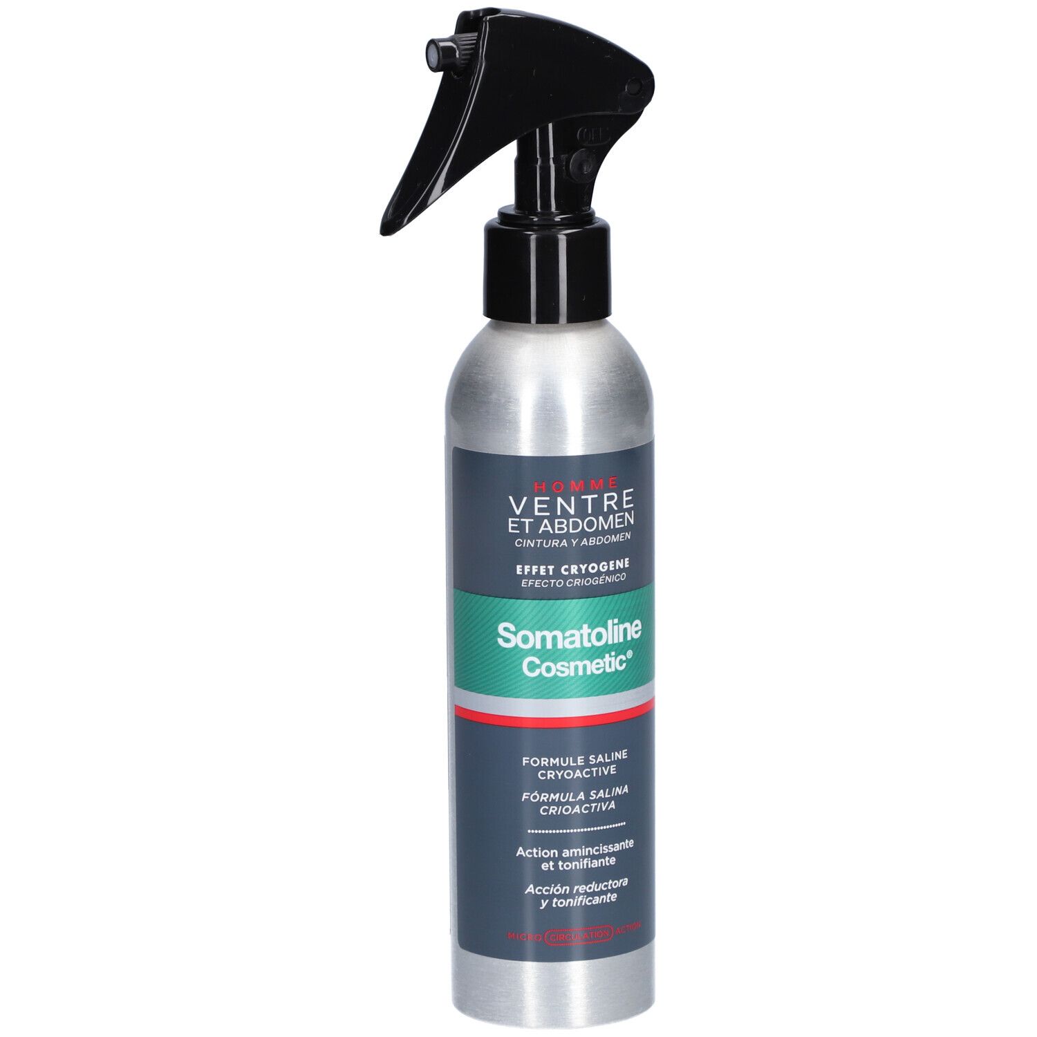 Koude sprayfles met zwarte sproeikop. Opschrift: Somatoline Cosmetic HOMME Ventre et Abdomen.
