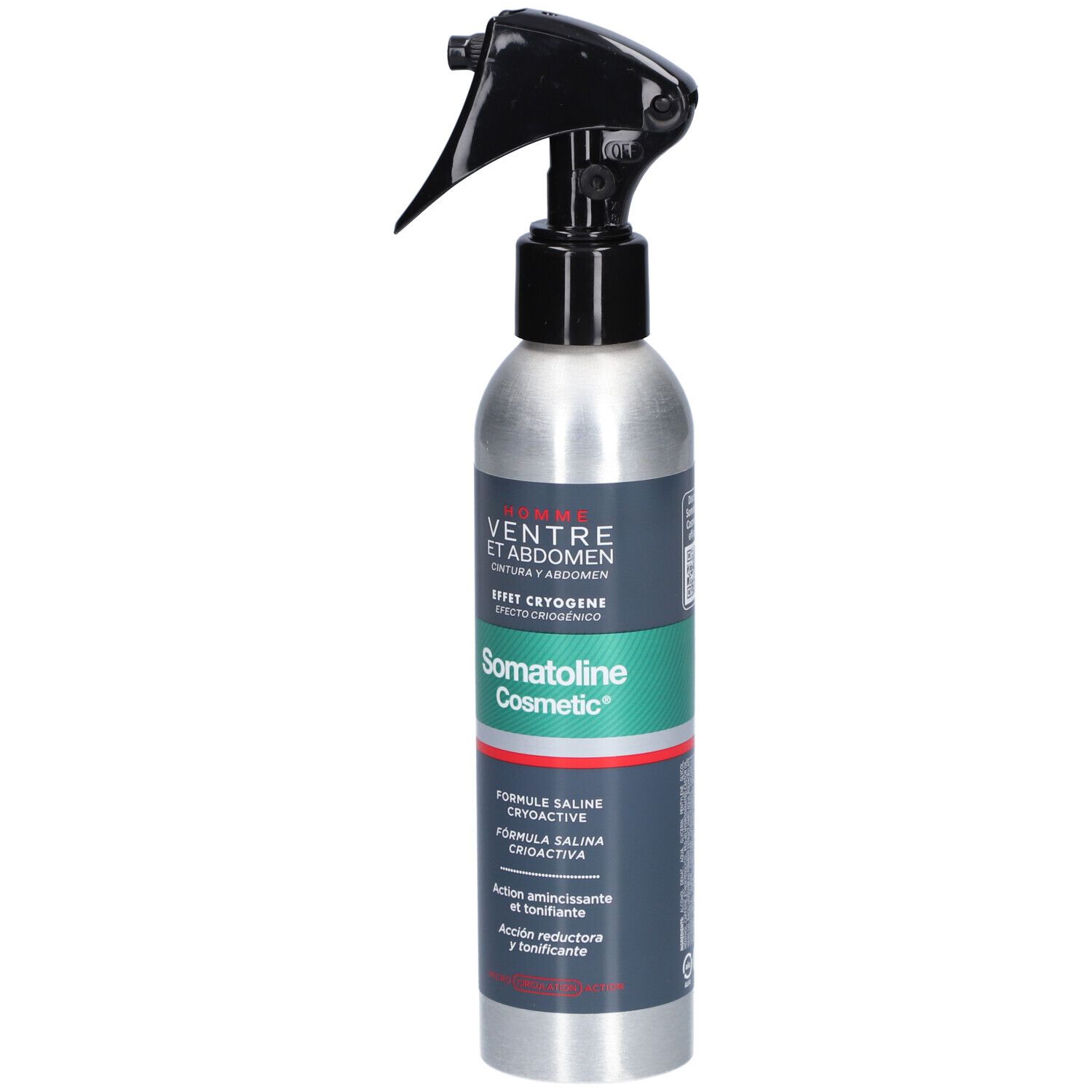 Koude sprayfles met zwarte sproeikop. Opschrift: Somatoline Cosmetic HOMME Ventre et Abdomen.