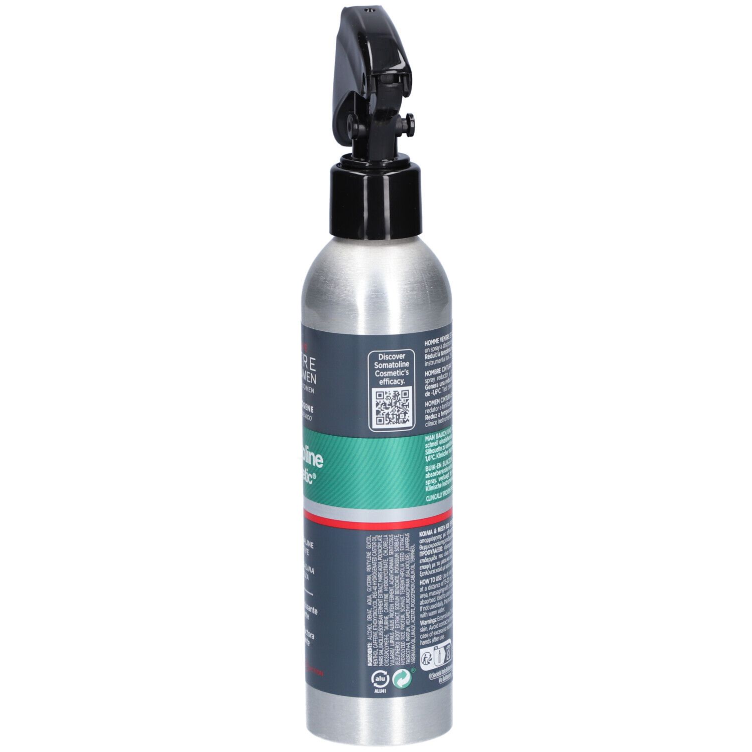 Koude sprayfles, zijaanzicht. Opschrift: Somatoline Cosmetic. QR-code en tekst.