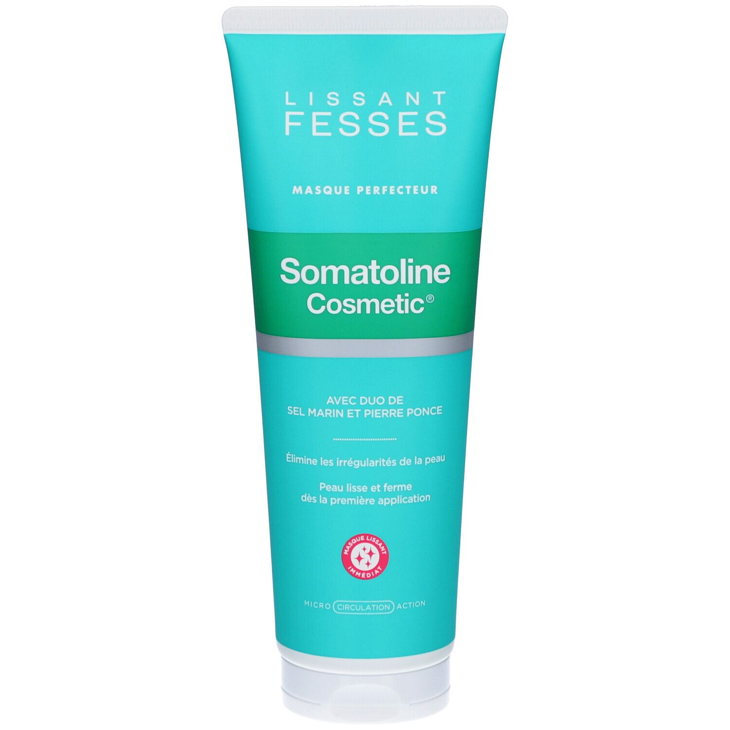 Turquoise tube met witte tekst: Lissant Fesses, Masque Perfecteur, Somatoline Cosmetic. Met duo zeezout en puimsteen.