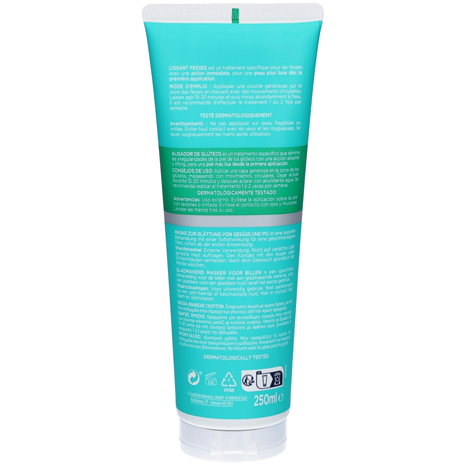 Achterkant van de turquoise tube. Meertalige tekst. Dermatologisch getest. Volume: 250ml. Met logo en recyclingsymbolen.