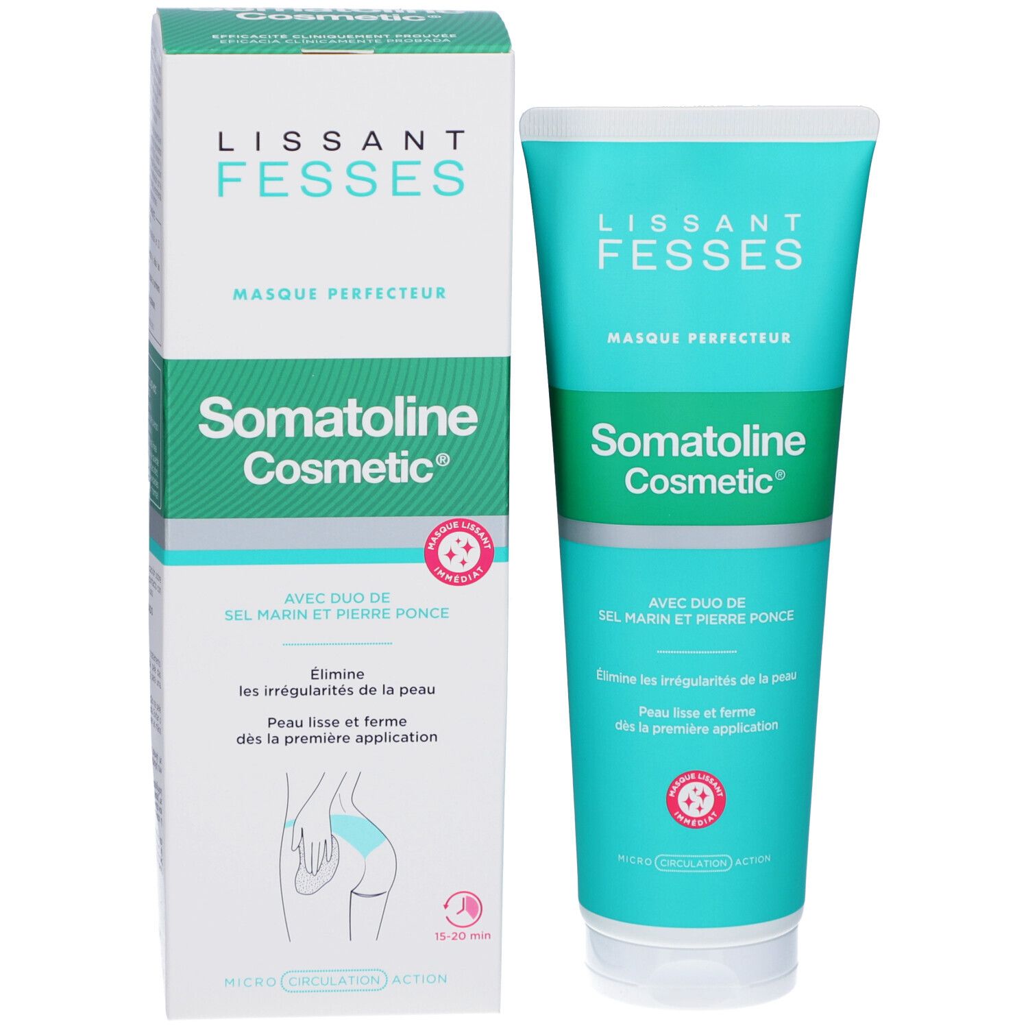 Verpakking en tube. Verpakking: wit met turquoise accenten. Tube: turquoise kleur met witte tekst. Merk: Somatoline Cosmetic.