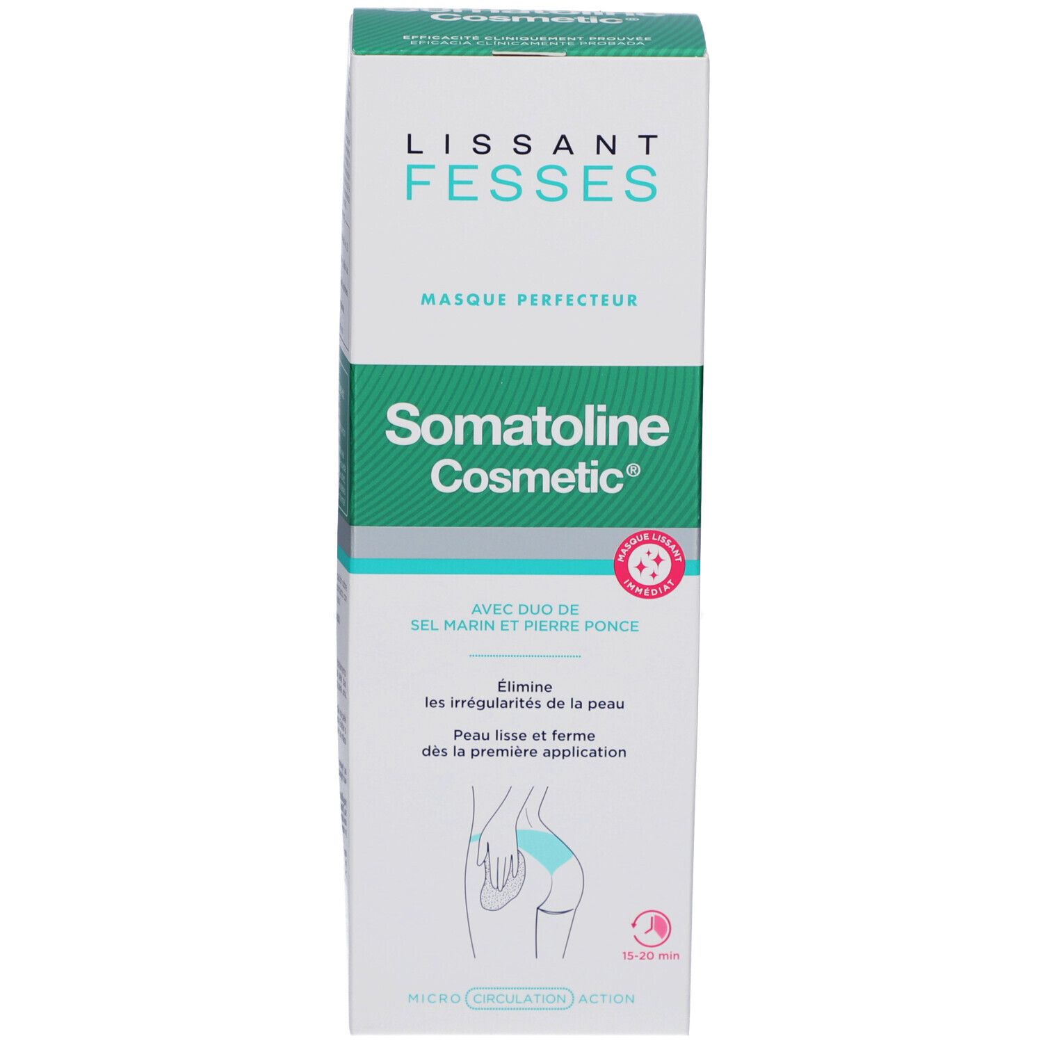 Witte verpakking met turquoise accenten. Merk: Somatoline Cosmetic. Tekst: Lissant Fesses, Masque Perfecteur. Illustratie: billen.