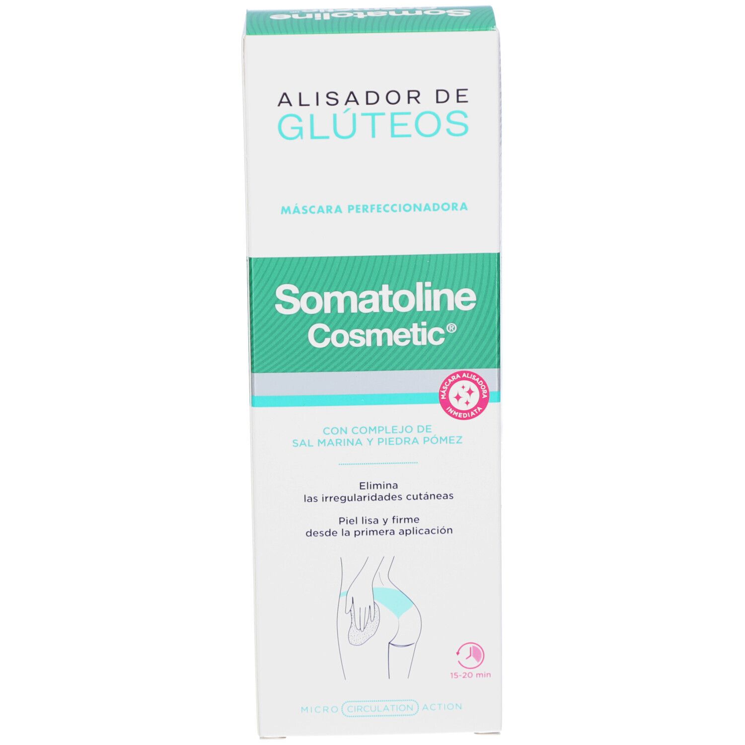 Witte verpakking met turquoise accenten. Merk: Somatoline Cosmetic. Tekst: Alisador de Gluteos, Mascara Perfeccionadora. Illustratie.