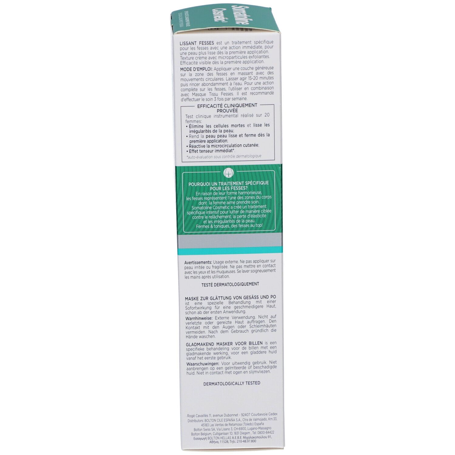 Achterkant van de verpakking. Meertalige tekst. Dermatologisch getest. Volume: 250ml. Met logo en recyclingsymbolen.