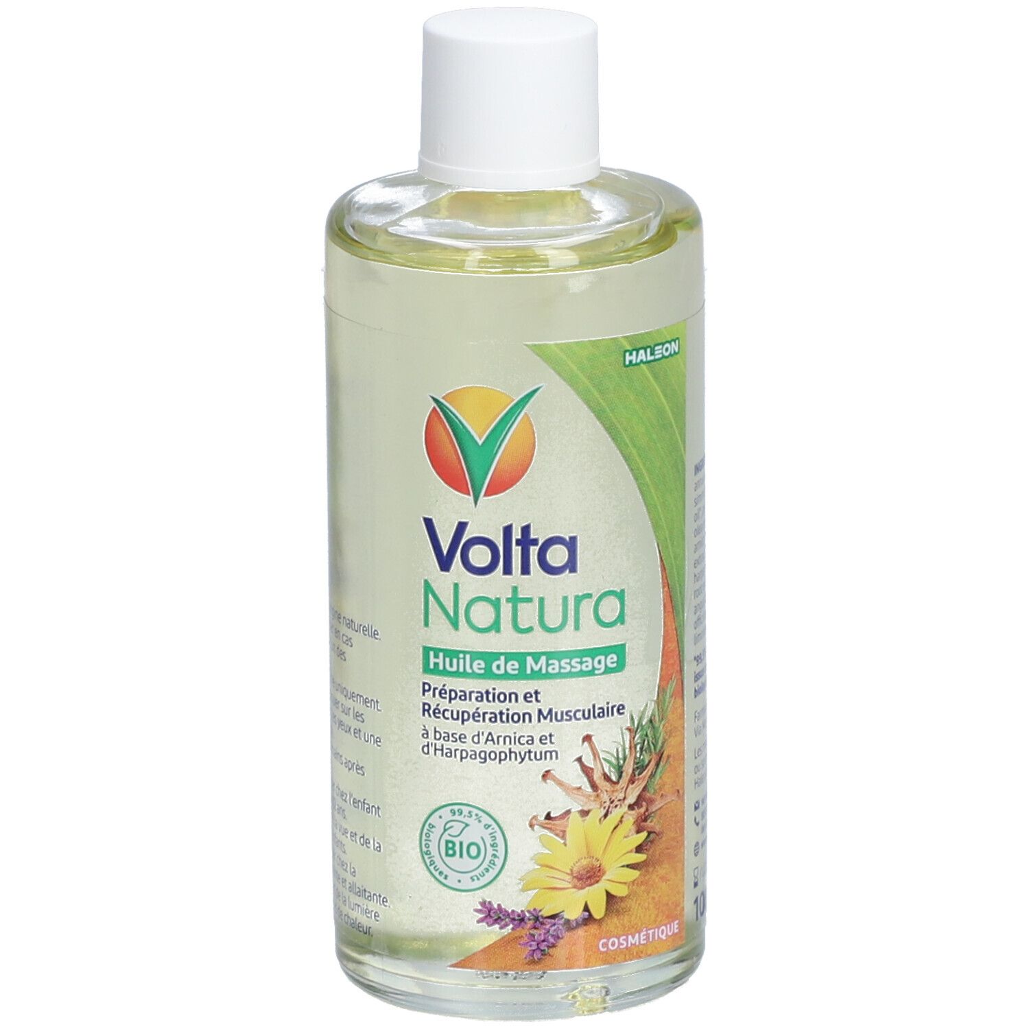 Flacon d'huile de massage VoltaNatura. Liquide clair, bouchon blanc, étiquette avec logo, texte et illustrations.
