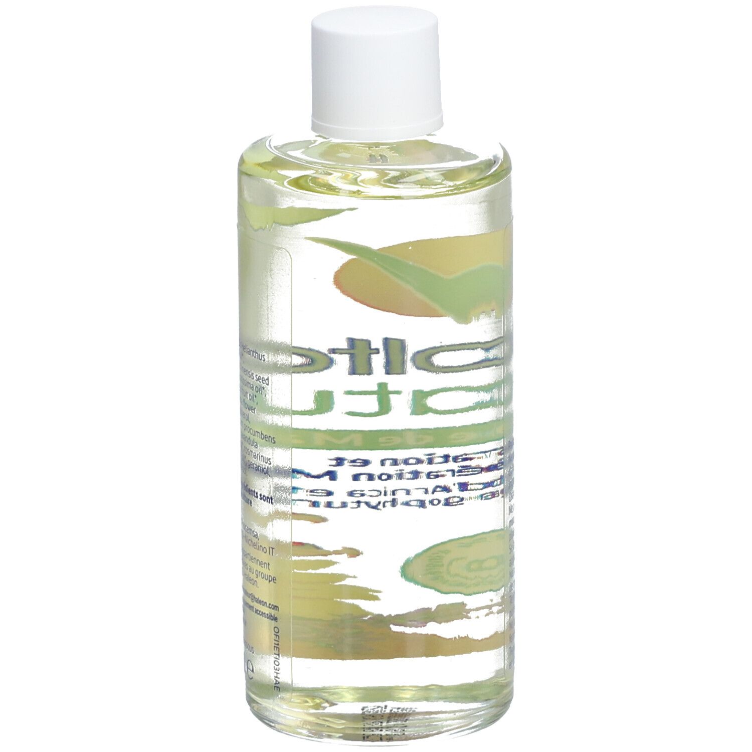 Vue arrière du flacon d'huile de massage VoltaNatura. Étiquette avec logo et texte, liquide clair.