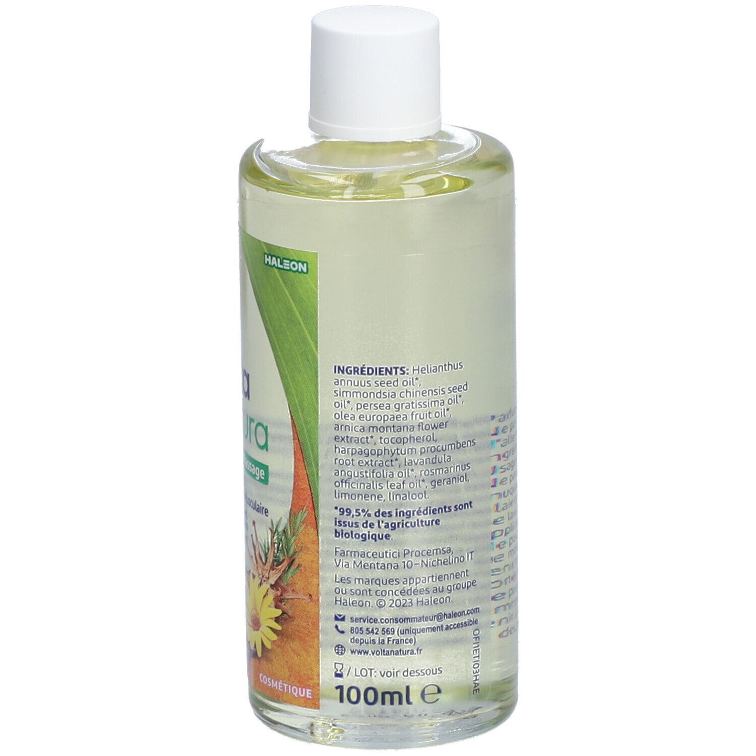Dos du flacon d'huile de massage VoltaNatura. Ingrédients, texte, volume 100ml, label bio.