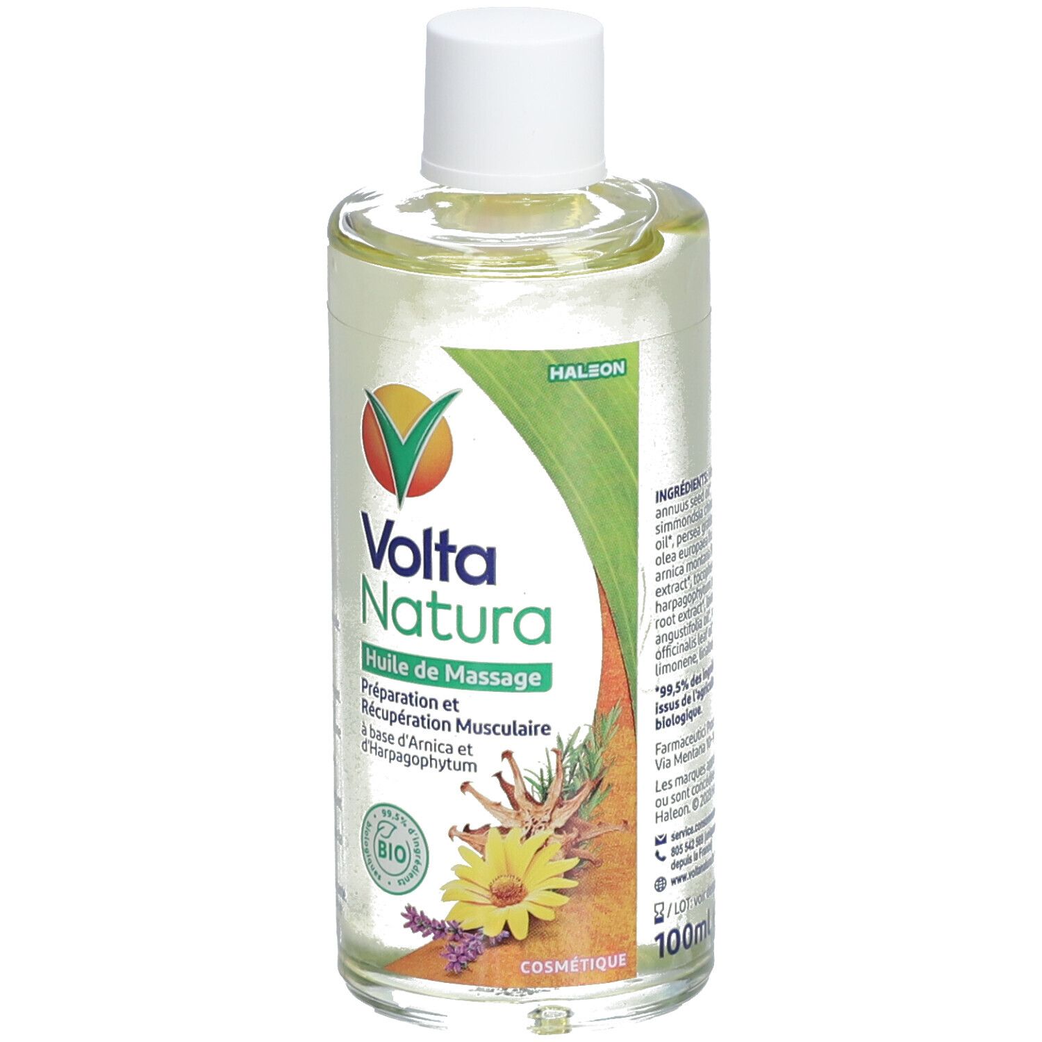 Flacon d'huile de massage VoltaNatura. Étiquette avec logo, texte et illustrations, label bio, 100ml.