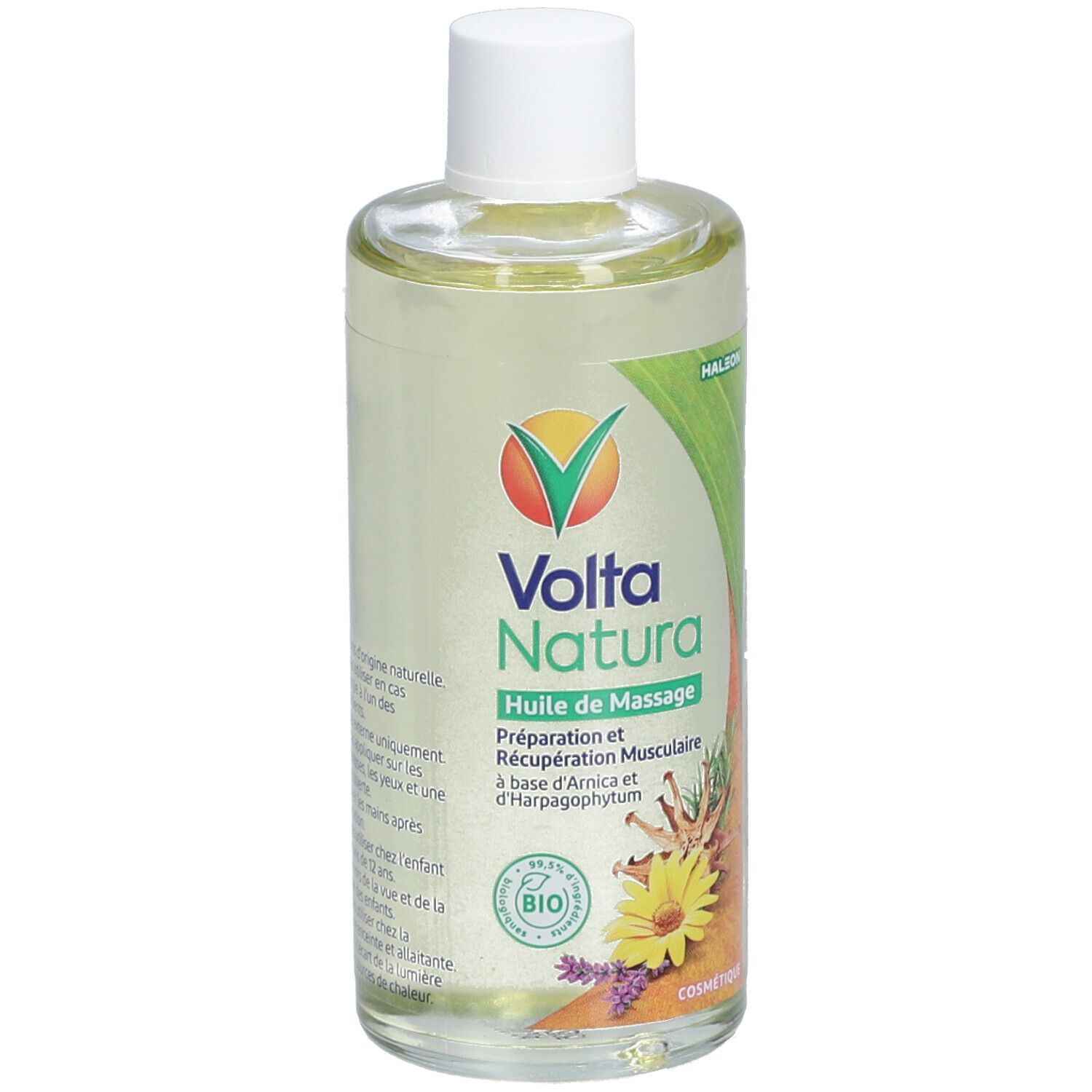 Flacon d'huile de massage VoltaNatura. Étiquette avec logo, texte et illustrations, label bio, 100ml.