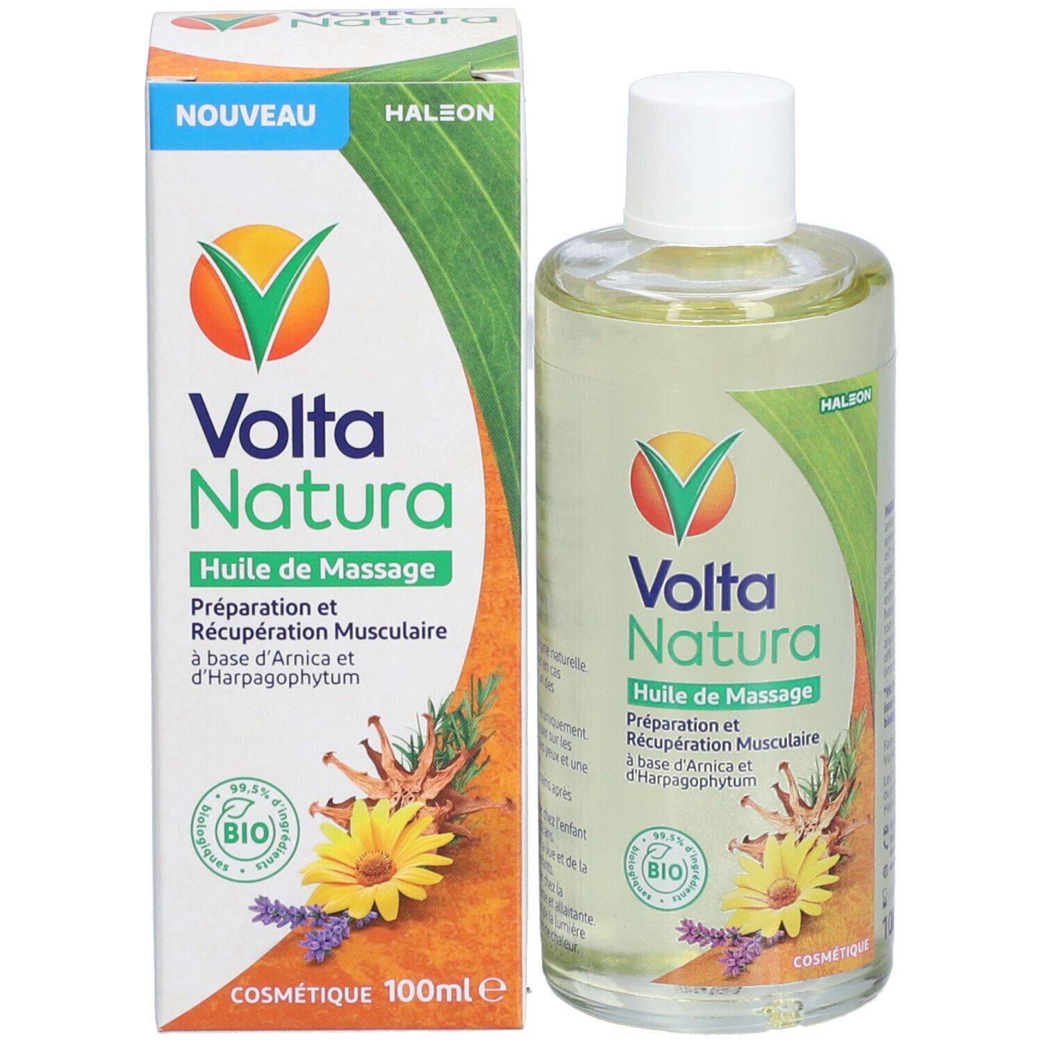 Flacon d'huile de massage VoltaNatura et emballage. Flacon avec étiquette, emballage avec logo et texte.