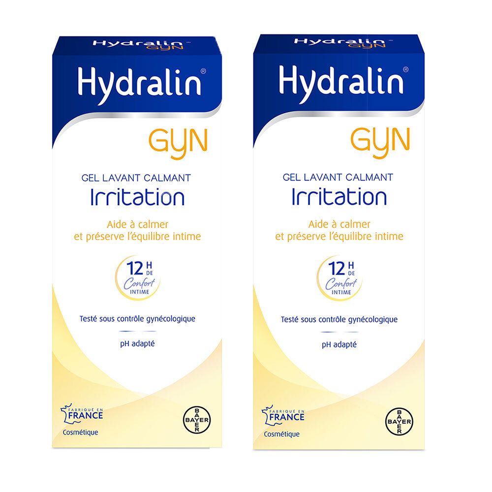 Twee verpakkingen Hydralin GYN Irritation. Blauw-witte verpakking met productinformatie en logo.