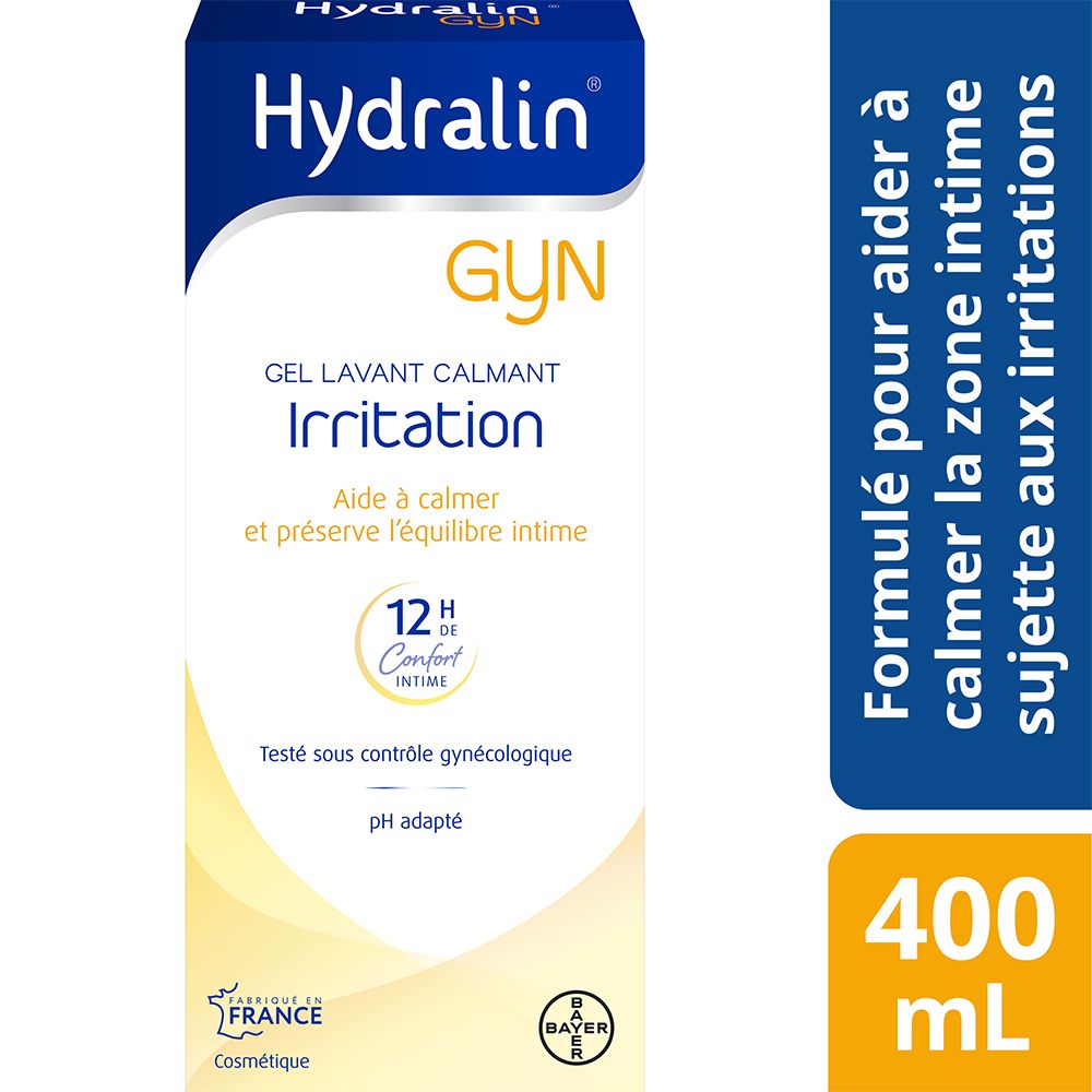 Verpakking Hydralin GYN Irritation. Blauwe verpakking met productnaam, tekst en 400 ml indicatie.