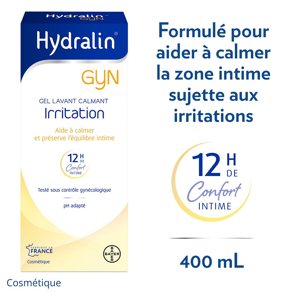 Verpakking Hydralin GYN Irritation. Blauwe verpakking met productnaam, tekst en 400 ml indicatie.