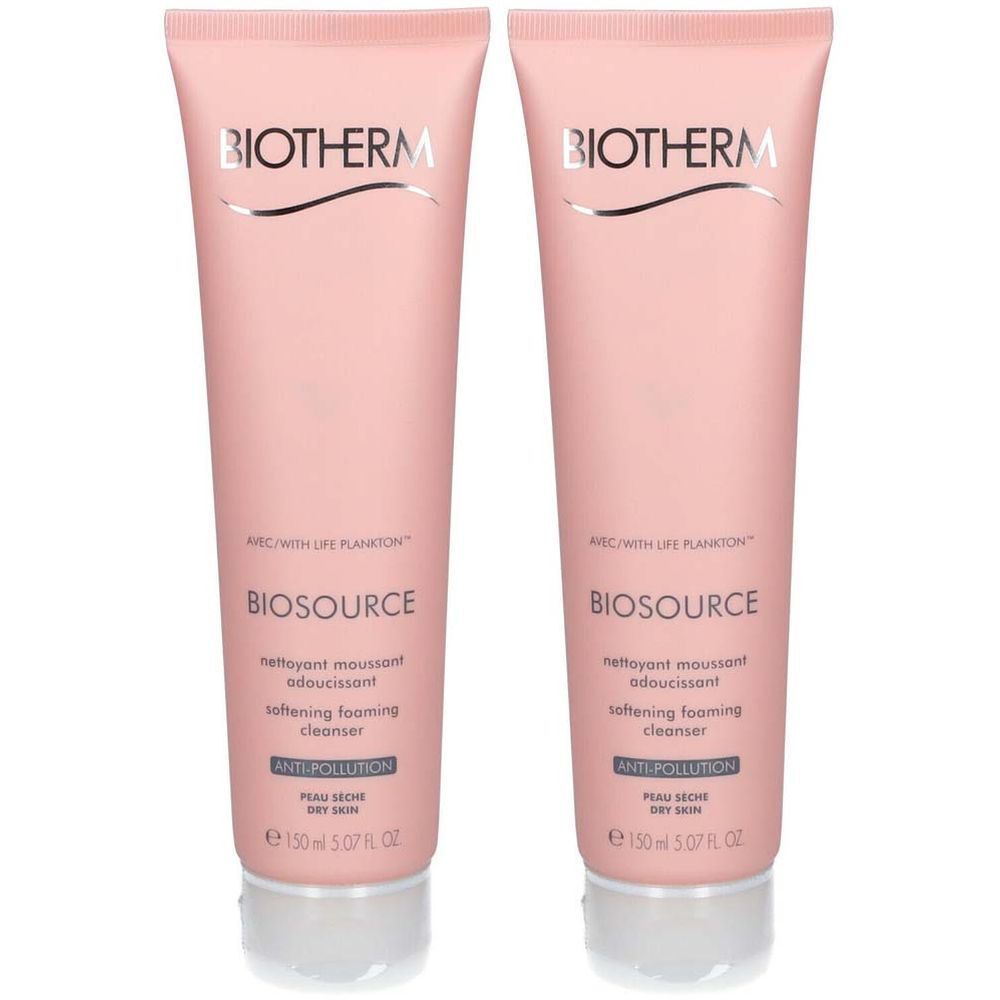 Twee tubes BIOTHERM Biosource reinigingsschuim. Roze tubes met witte tekst. Opschrift: Biosource, softening foaming cleanser, Anti-Pollution.
