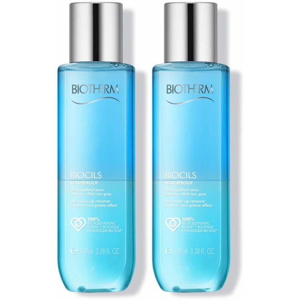 Deux flacons bleus avec bouchons argentés. Inscription: Biotherm, Biocils Waterproof. Bouteille plastique 100% recyclée.