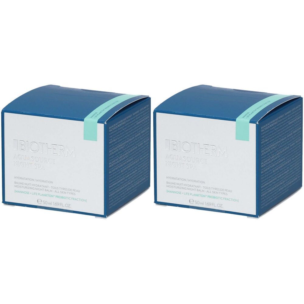 Twee vierkante blauwe dozen met witte voorkant. Opschrift: BIOTHERM AQUASOURCE, Nacht Spa. Turquoise streep aan de bovenkant.