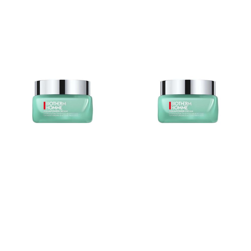 Twee vierkante, turquoise potten met zilveren deksels. Op de voorkant staat "BIOTHERM HOMME".