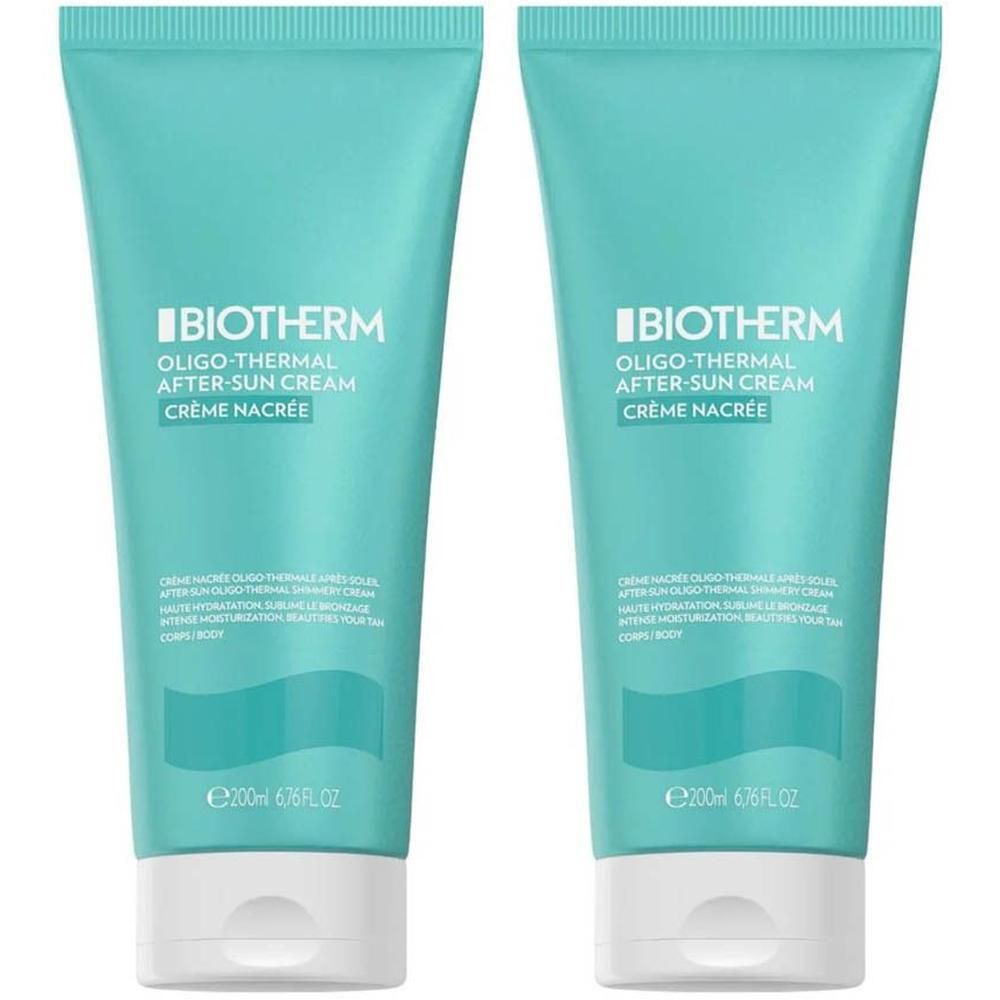 Twee flacons Biotherm Oligo-Thermal After-Sun Cream met glinsterende textuur.