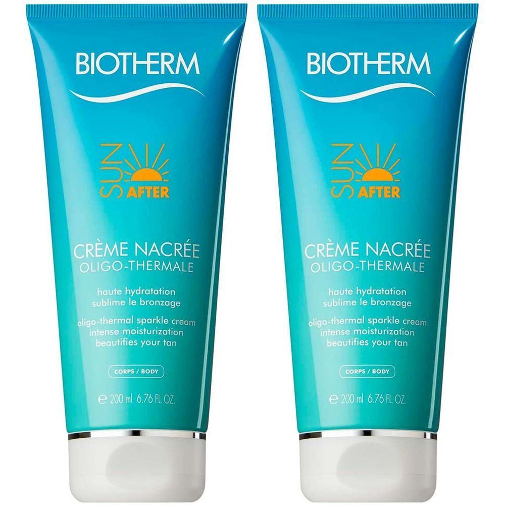 Deux tubes de crème Biotherm Sun After. Turquoise, avec bouchon blanc. Inscription : Crème Nacrée Oligo-Thermale.