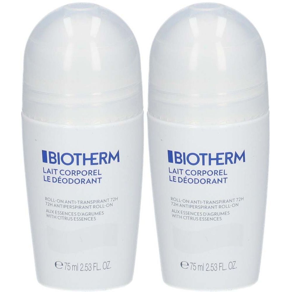 Twee witte roll-on deodorants. Opschrift: Biotherm, Lait Corporel, Le Déodorant. Tekst: Roll-on Anti-Transpirant 72H. Met citrus essences.