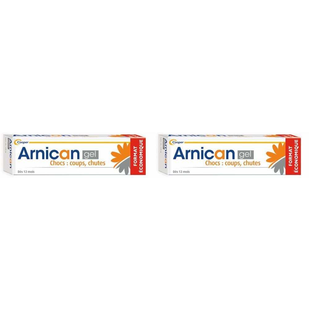 Deux boîtes rectangulaires. Inscription: Arnican gel, Chocs: coups, chutes. Logo orange-gris. Format économique.