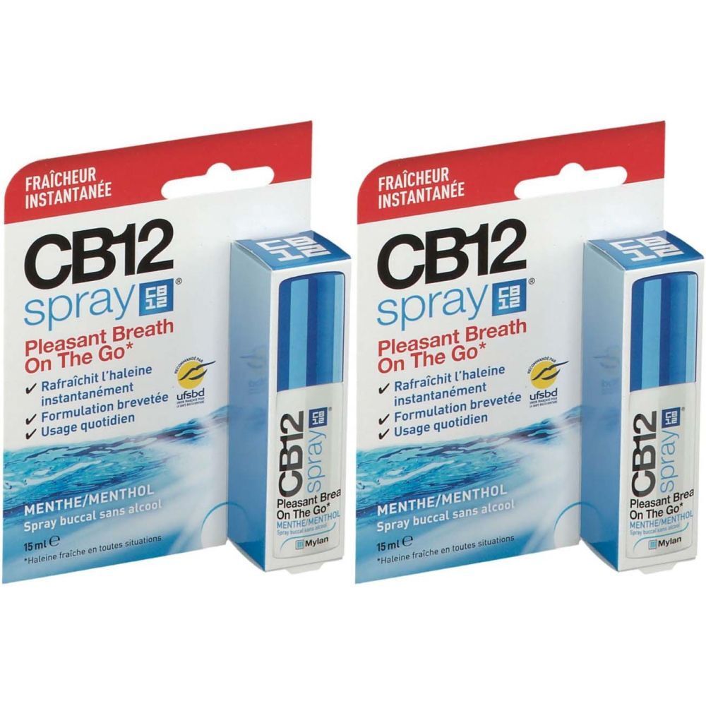 Twee verpakkingen CB12 Spray bukkal, 15ml. Blauwe en witte verpakking met rode flap.
