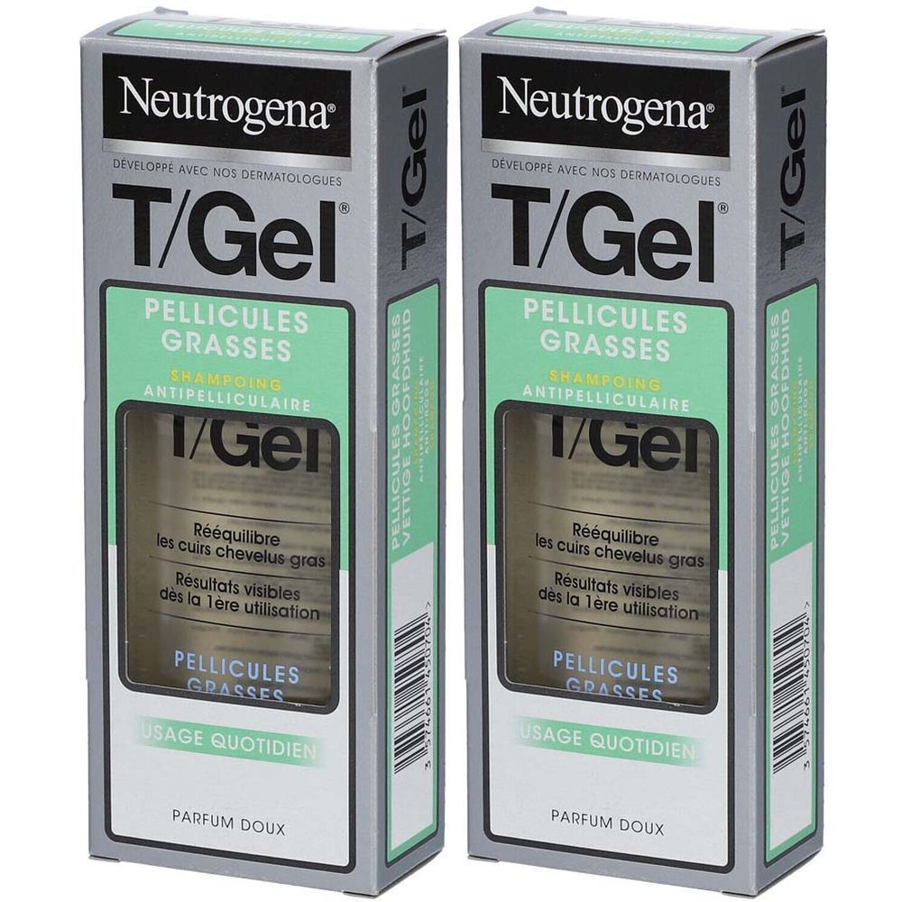Twee dozen Neutrogena T/Gel shampoo. Opschrift: "Pellicules Grasses".