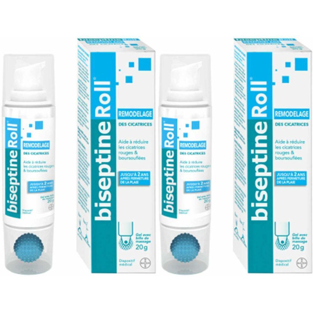 Drie verpakkingen BiseptineRoll. Witte flacons met blauwe rollen en blauwe verpakkingen met productinformatie.