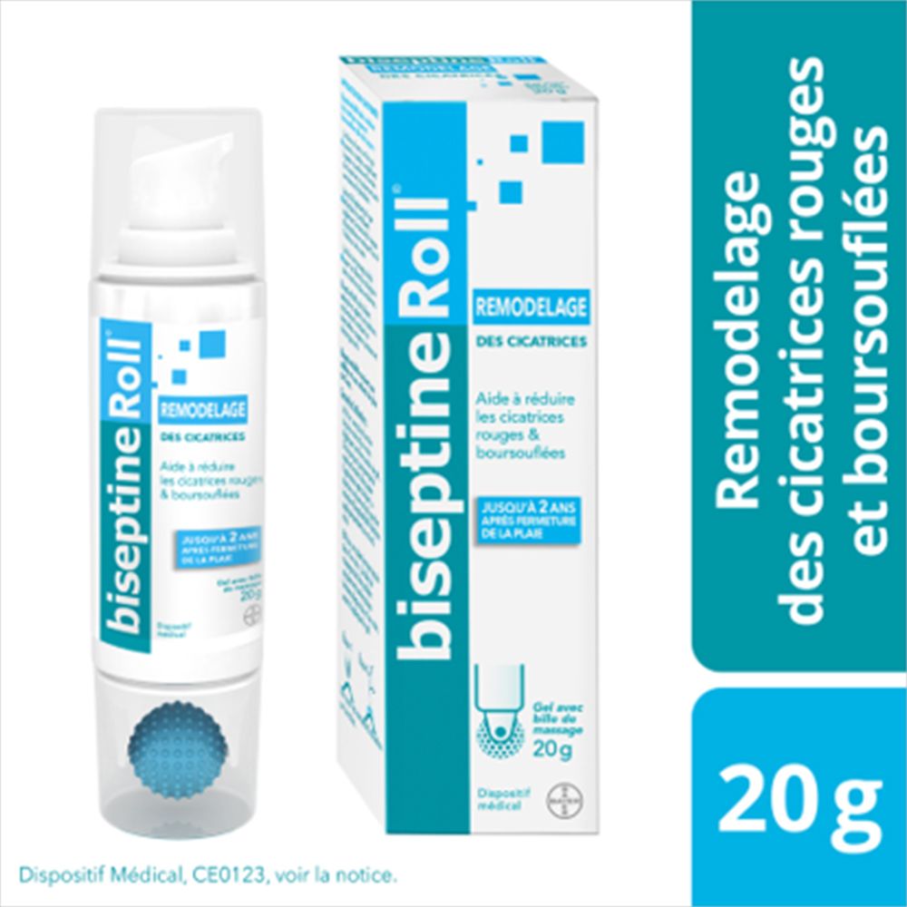 BiseptineRoll fles en verpakking. Witte fles met blauwe rolkop. Blauwe verpakking met productinformatie.